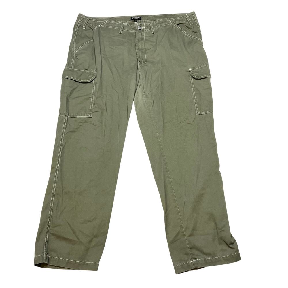 True Religion Mens Baggy Cargo Pants 42 Olive Green Kalamata White Stitching